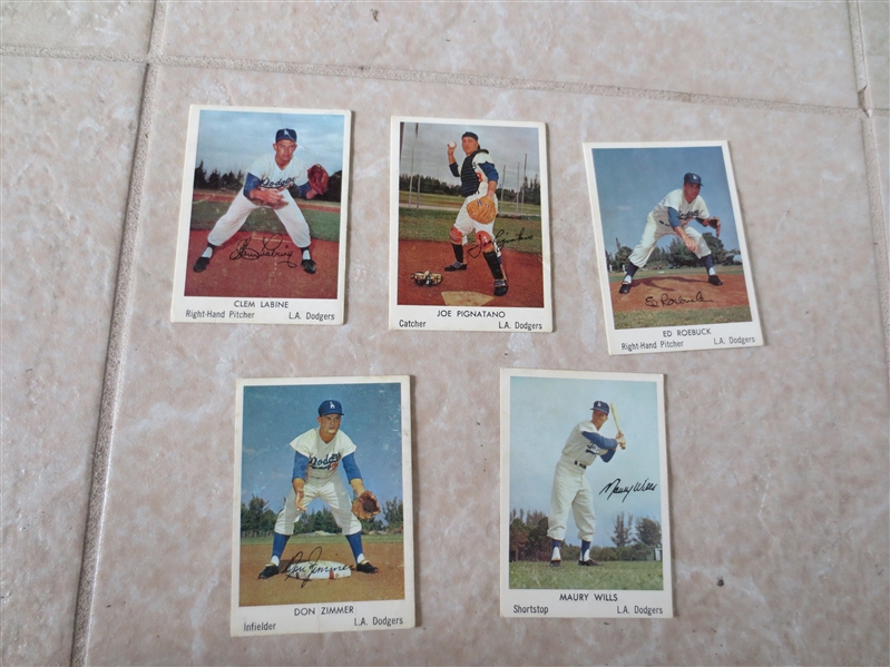 (5) 1960 Bell Brand Dodgers baseball cards: Wills,, Zimmer, Labine, Pignatano, Roebuck