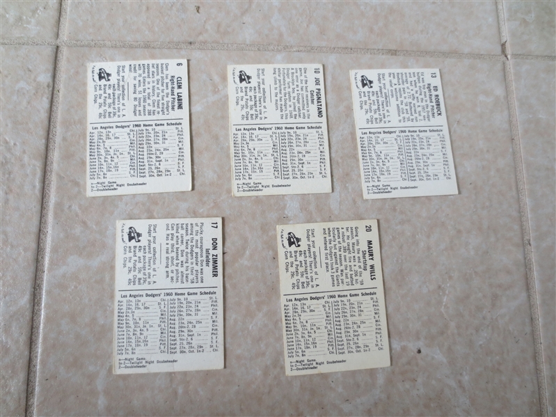 (5) 1960 Bell Brand Dodgers baseball cards: Wills,, Zimmer, Labine, Pignatano, Roebuck