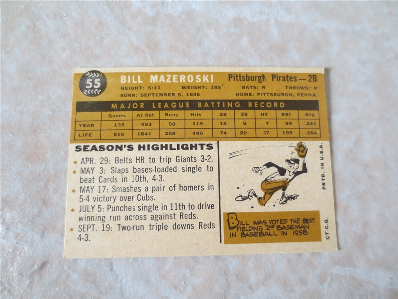 1960 Topps Bill Mazeroski baseball card #55 Hall of Famer  A Beauty!