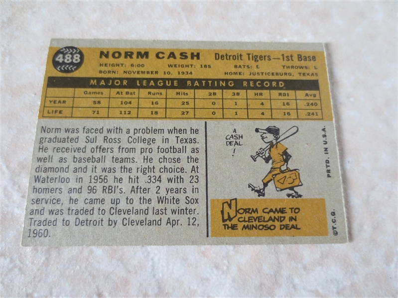 1960 Topps Norm Cash baseball card #488 Very nice condition!