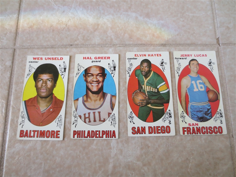 (4) 1969-70 Topps basketball cards ALL Hall of Famers: Unseld, Greer, Hayes, Lucas