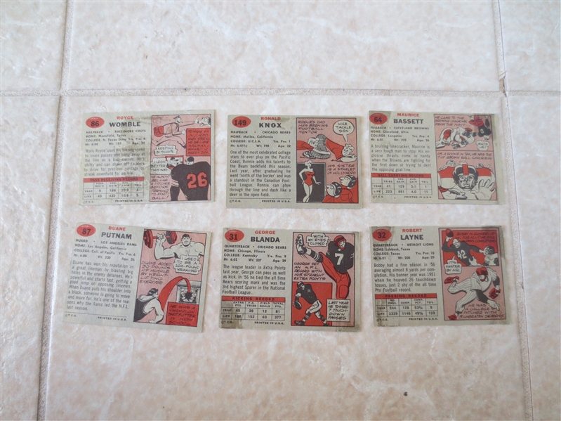 (6) 1957 Topps football cards including George Blanda, Bobby Layne in very nice condition!