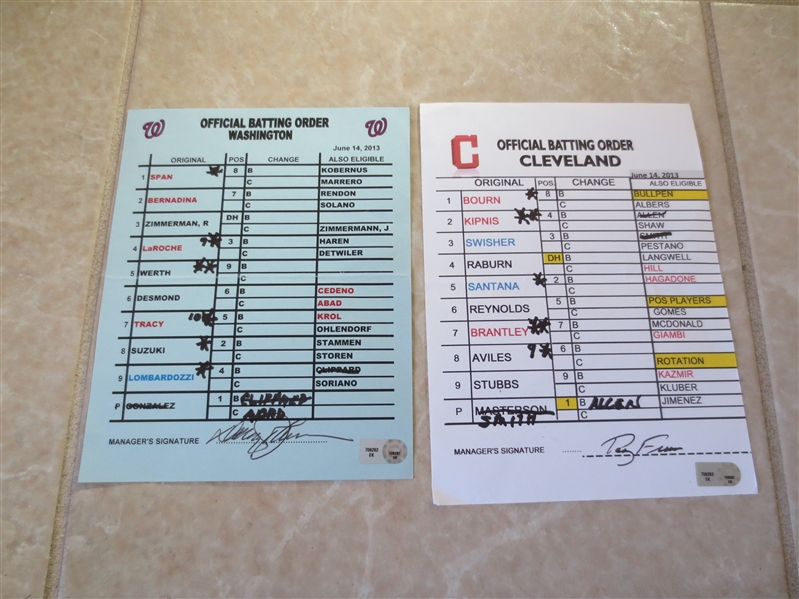 (2) 2013 Line-up cards for the 6-14-2013 Washington Nats vs. Cleveland Indians game