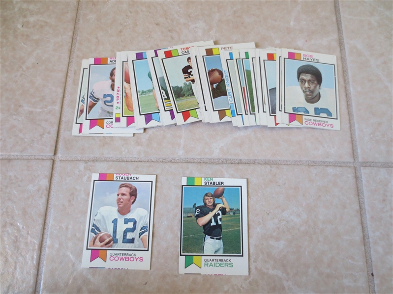 (35) 1973 Topps Football cards including Staubach, Stabler rookie, Adderley-miscut
