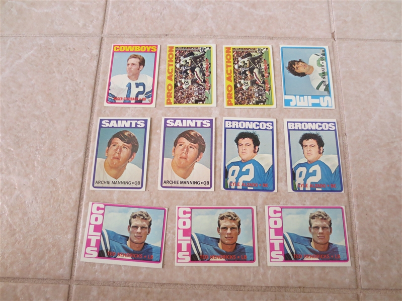 (11) 1972 Topps Hall of Famer rookie football cards including Staubach rookie, (2) Manning, (3) Hendricks, (2) Alzado, plus Namath