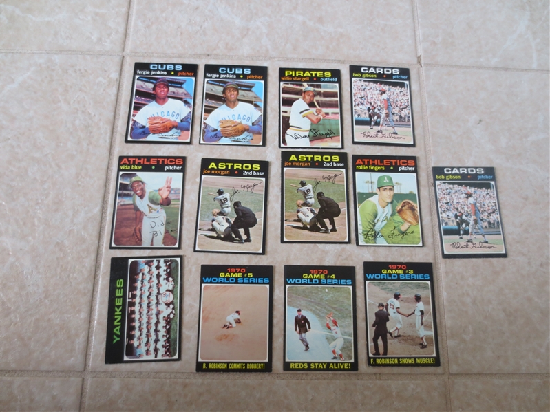 (13) 1971 Topps baseball cards of Greats: (2) Jenkins, (2) Morgan, Stargell, (2) Gibson, Fingers, Blue +