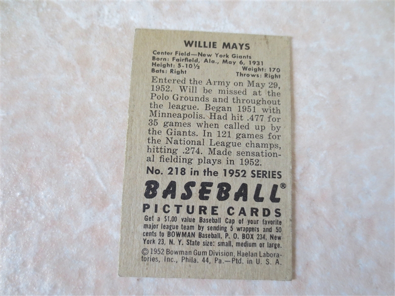 1952 Bowman Willie Mays baseball card #218 in affordable condition
