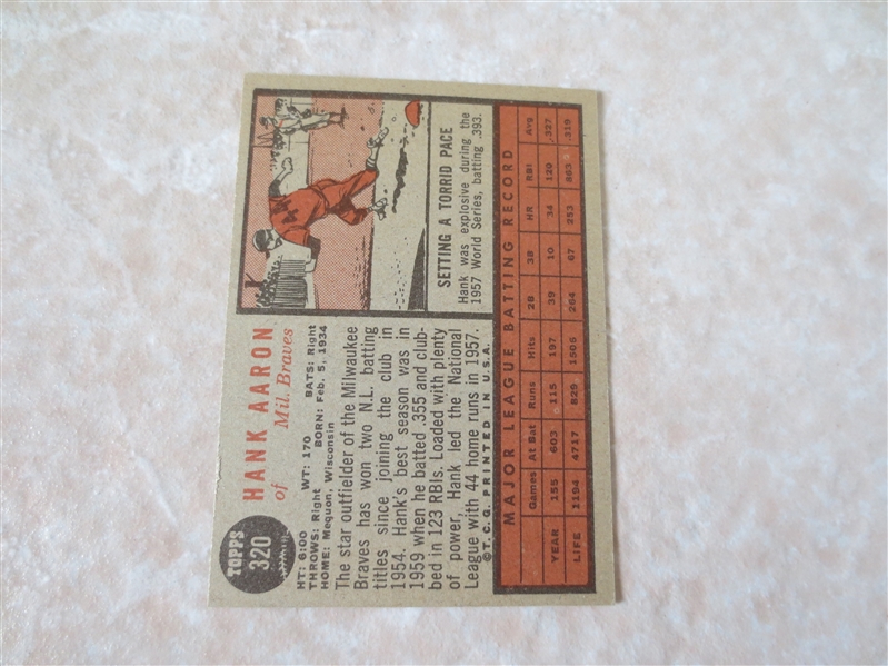 1962 Topps Hank Aaron baseball card #320 in beautiful condition