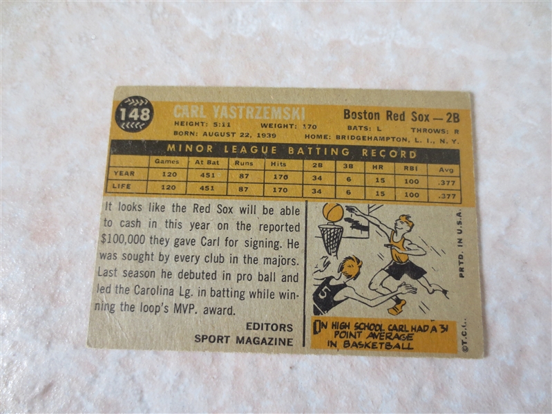 1960 Topps Carl Yastrzemski rookie baseball card #148 in excellent condition