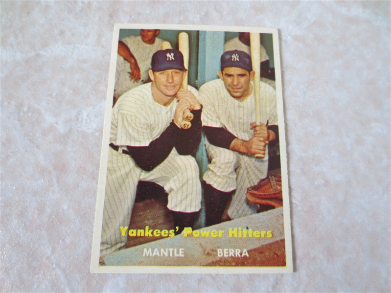 1957 Topps Yankees' Power Hitters Mantle/Berra baseball card #407 in beautiful condition!