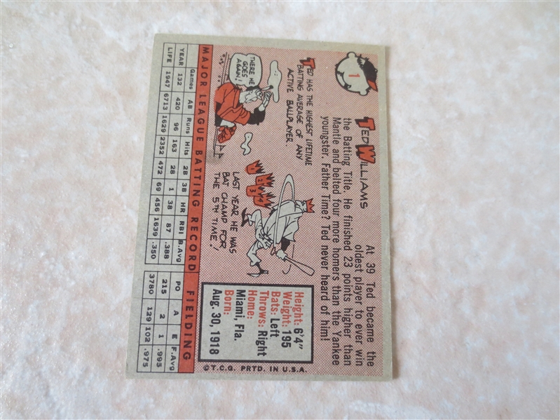 1958 Topps Ted Williams baseball card #1 in very nice condition!