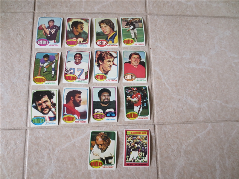 Group #1---(14) 1976 Topps Football cards including rookies and greats Sipe, Csonka, Stabler, Marshall, Rashad, Dawson, Alzado, Francis, Harris, Biletnikoff, Tarkenton