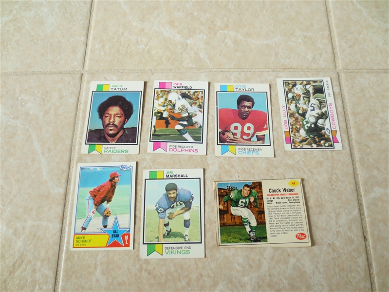 (5) 1973 Topps Football cards of Hall of Famers plus Post Cereal football card and a Mike Schmidt Topps baseball card