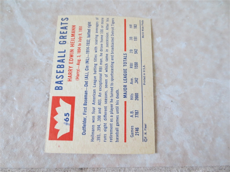 1960 Fleer Greats Harry Heilmann baseball card #65 very nice condition