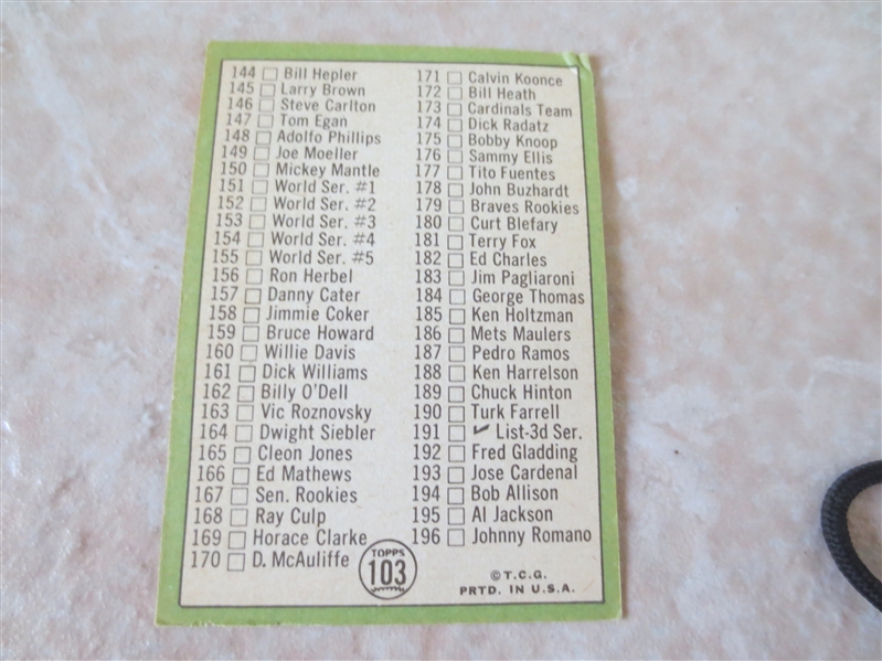 1967 Topps Mickey Mantle 2nd Series checklist unmarked in affordable condition #103