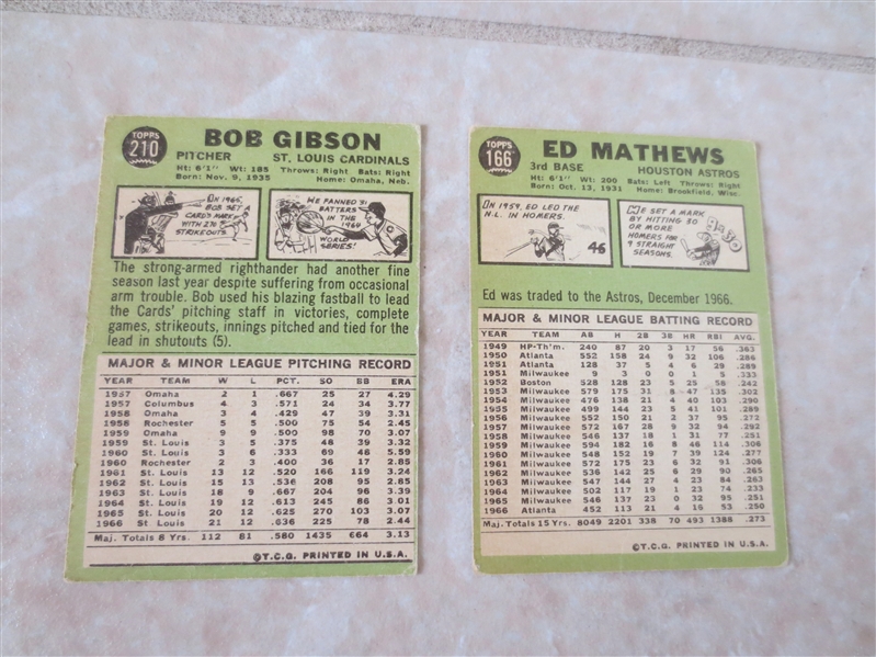 (2) 1967 Topps Bob Gibson and Ed Mathews baseball cards in affordable condition