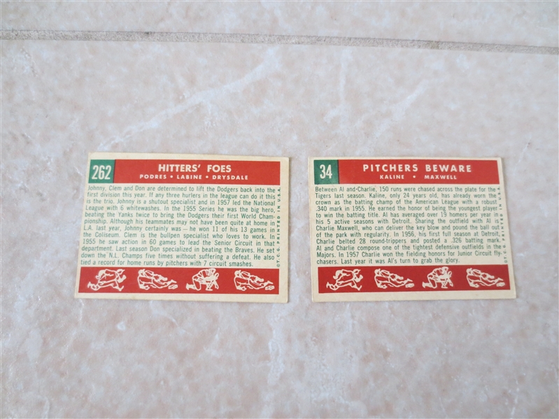(2) 1959 Topps Hitters' Foes Drysdale + Pitchers Beware Kaline in affordable condition