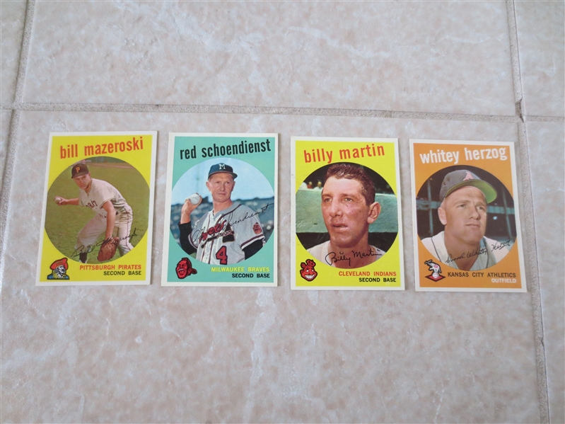 (4) 1959 Topps Hall of Famer baseball cards in great condition!  Maz, Herzog, Martin, Schoendienst