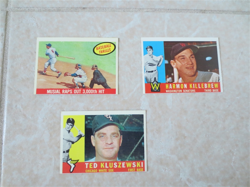 1959 & 1960 Topps baseball cards of Musial 3000th hit, Killebrew, and Kluszewski in affordable condition