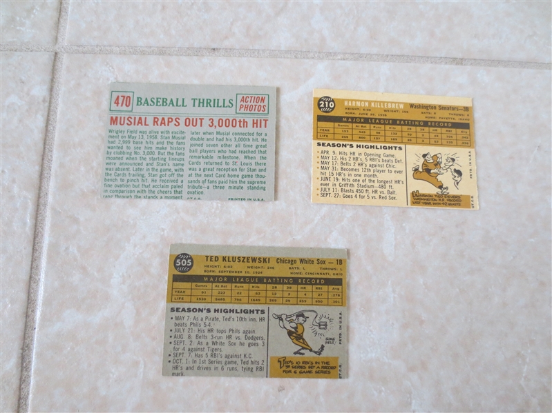 1959 & 1960 Topps baseball cards of Musial 3000th hit, Killebrew, and Kluszewski in affordable condition