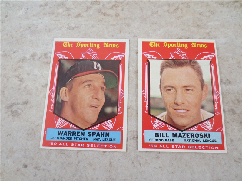 (2) 1959 Topps The Sporting News All Star Baseball cards Spahn and Mazeroski  High Numbers!