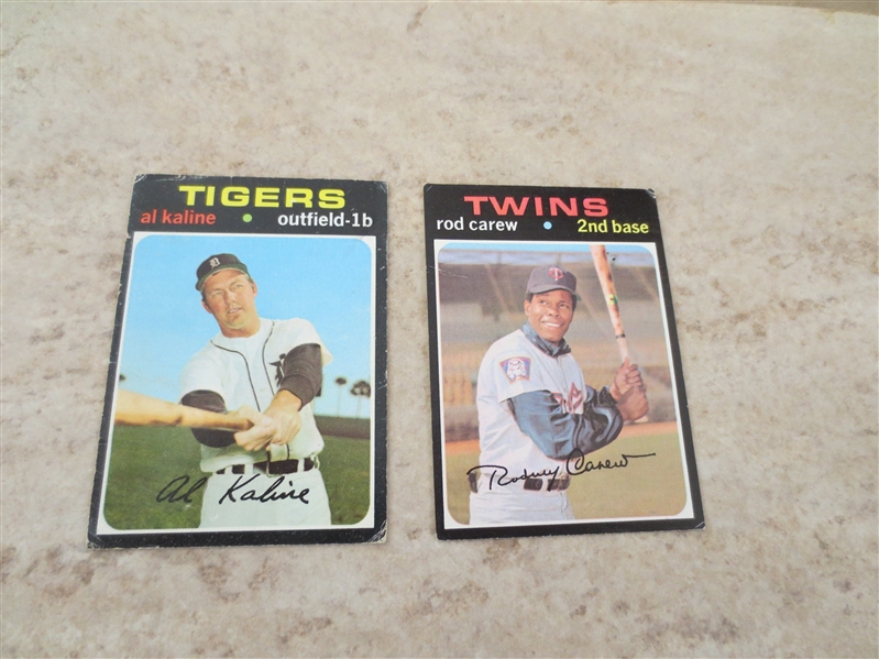 1971 Topps Rod Carew + 1971 Topps Al Kaline baseball cards in affordable condition