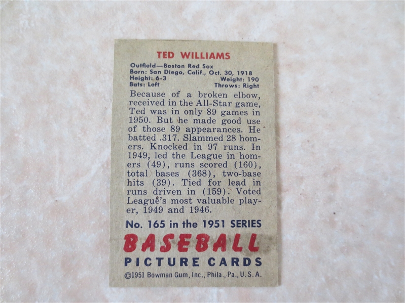 1951 Bowman Ted Williams baseball card #165 in affordable condition!  Looks nice!