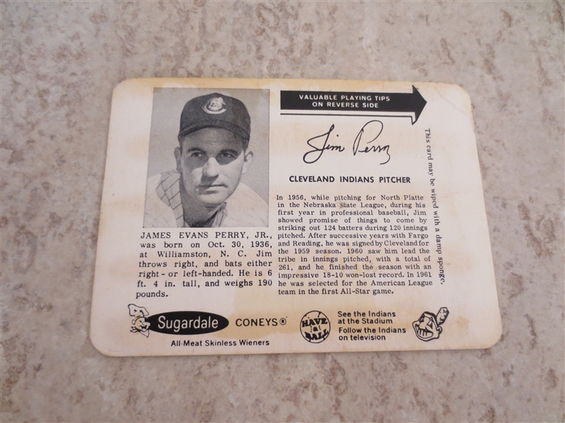 1962 Sugardale Weiners Jim Perry Cleveland Indians baseball card RARE