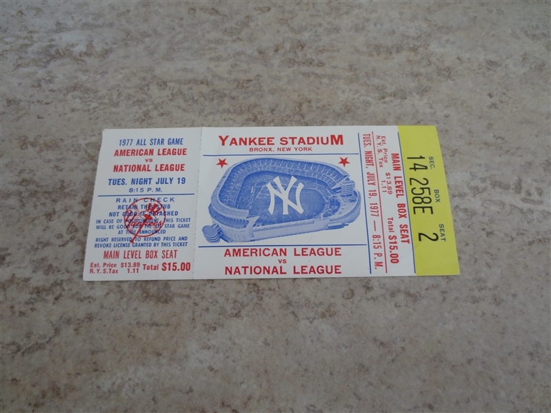 1977 All Star Baseball Game ticket at Yankee Stadium