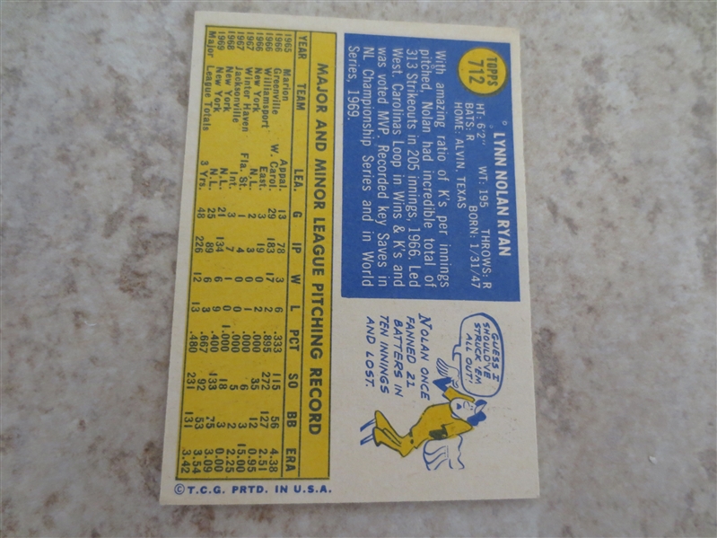 1970 Topps Nolan Ryan baseball card #712 in very nice condition!