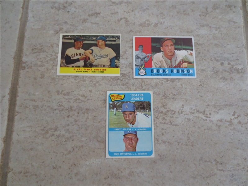 (3) Vintage Topps baseball cards of Hall of Famers---Koufax, Mays, Snider, Brooks Robinson