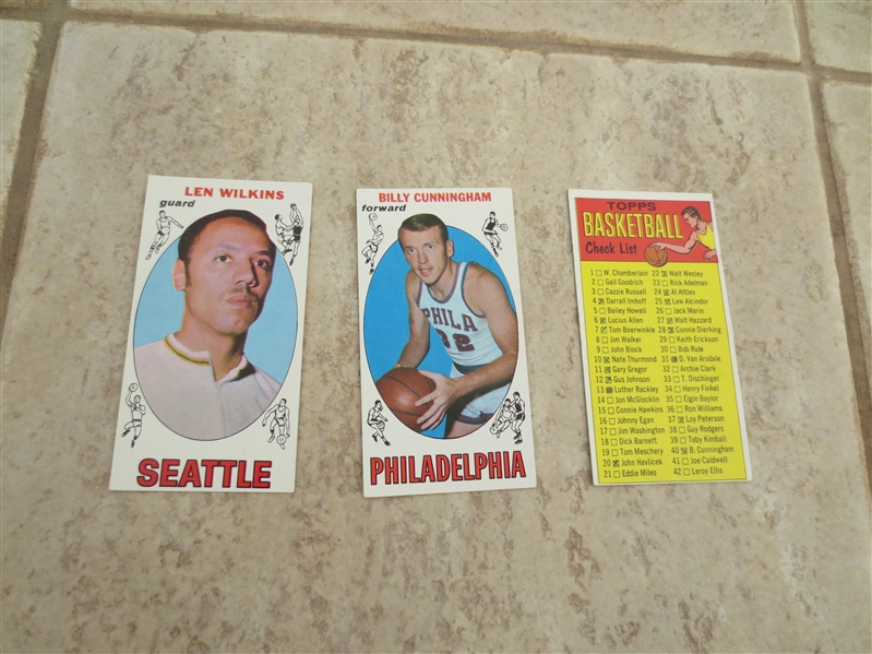 1969-70 Topps Basketball cards of Len Wilkins, Billy Cunningham (rookie) and checklist (marked)