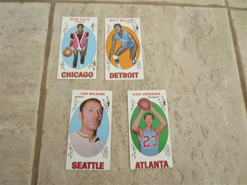 (4) 1969-70 Topps Hall of Famer basketball cards: Bellamy, Wilkins, Love, and Hudson  Very nice condition!
