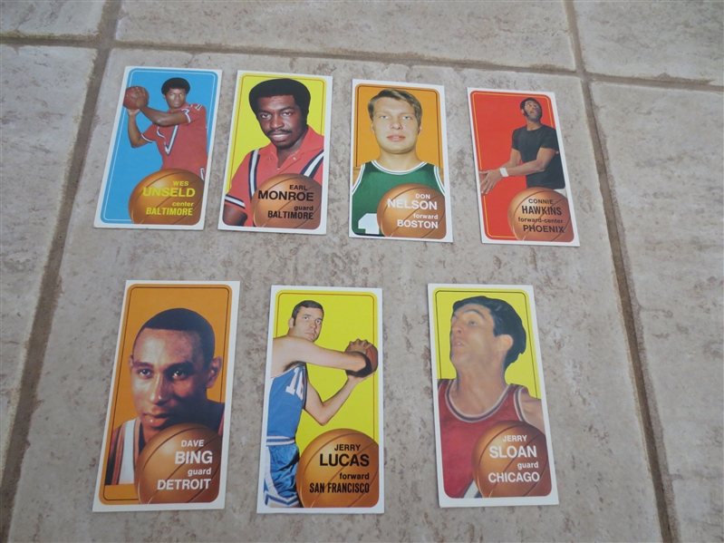 (7) 1970-71 Topps Basketball Hall of Famer cards in very nice condition:  Unseld, Monroe, Nelson, Hawkins, Bing, Lucas, Sloan