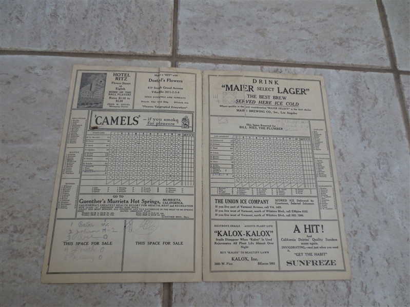 1928 Portland at Los Angeles Pacific Coast League baseball unscored program/scorecard RARE!
