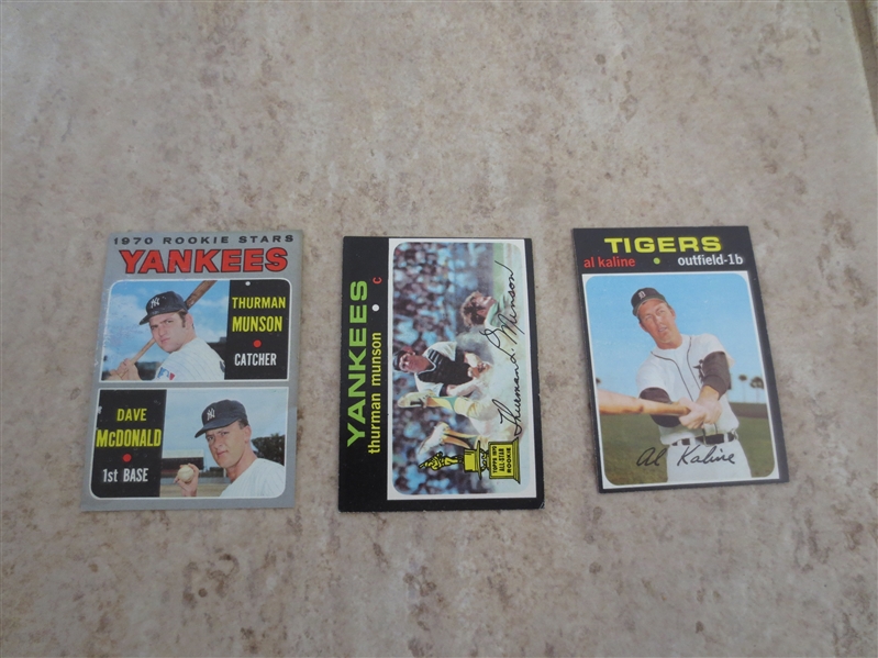 1970 Topps Thurman Munson rookie card + 1971 Topps thurman Munson and Al Kaline baseball cards