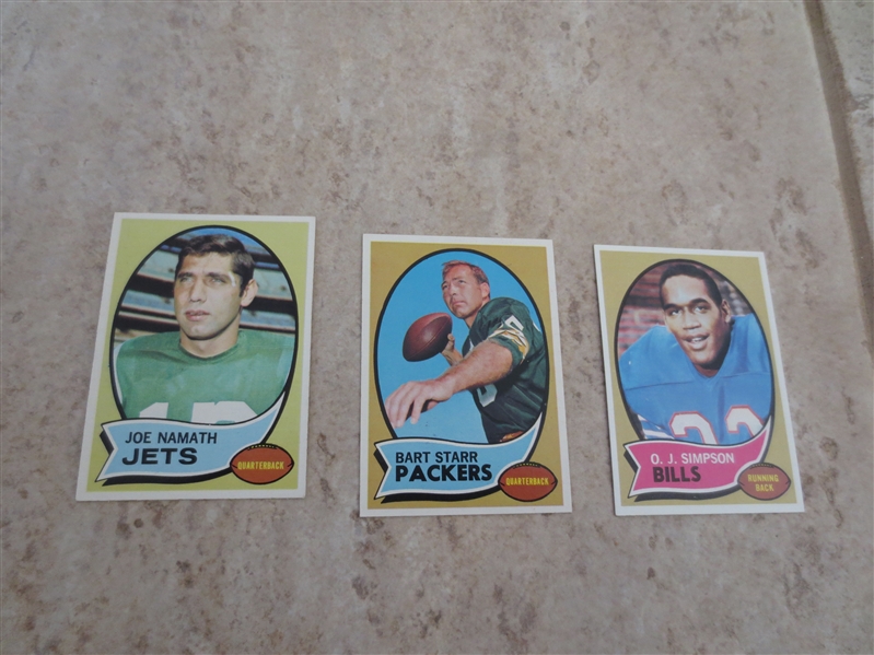 (3) 1970 Topps football cards in beautiful condition:  Namath, Starr, O.J. Simpson rookie