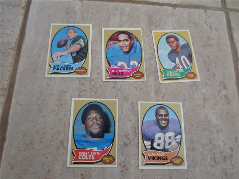 (5) 1970 Topps football cards in very nice condition: OJ rookie, Sayers, Starr, Smith and Page