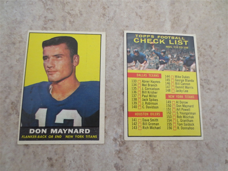1961 Topps Don Maynard rookie football card + unmarked checklist in nice condition