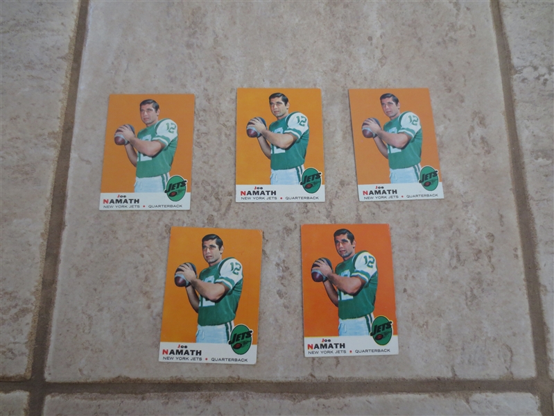 (5) 1969 Topps Joe Namath football cards #100 in assorted conditions