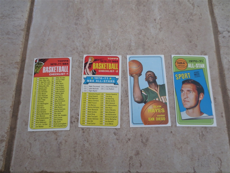 (4) 1970-71 Topps basketball cards in very nice condition: Elvin Hayes, Jerry West All Star, and two unmarked checklists 1 & 2