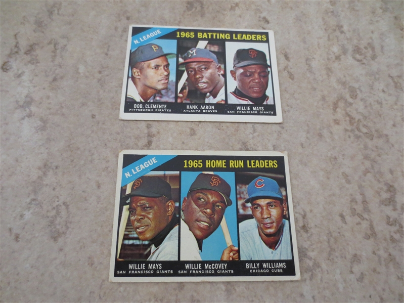 (2) 1966 Topps Home Run and Batting Leader baseball cards with Clemente, Mays, McCovey, Aaron