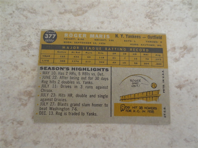 1960 Topps Roger Maris baseball card #377 in great condition!