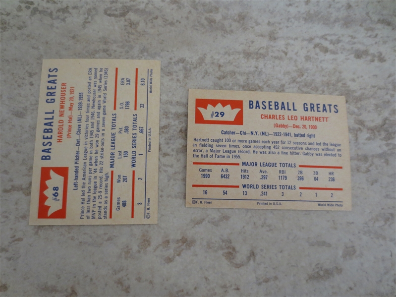 (2) 1960 Fleer Greats Hal Newhouser and Gabby Hartnett baseball cards in super condition!  Send to PSA?