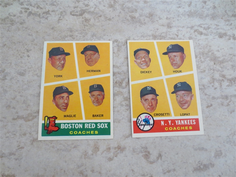 (2) 1960 Topps Yankees (Dickey) and Red Sox coaches baseball cards in very nice condition