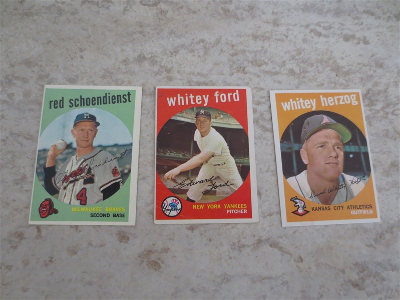 (3) 1959 Topps Hall of Famer baseball cards in very nice condition!  Ford, Herzog, Schiendienst