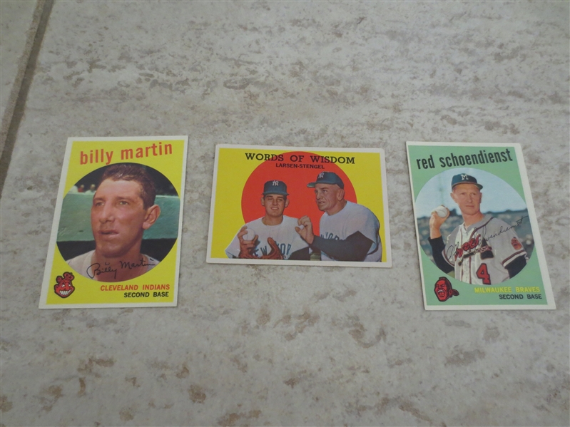 (3) 1959 Topps Billy Martin, Words of Wisdom (Stengel), and Red Schoendienst baseball cards in great condition!