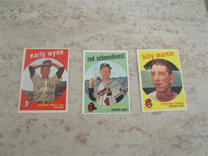 (3) 1959 Topps Early Wynn, Red Schoendienst and Billy Martin baseball cards in very nice condition