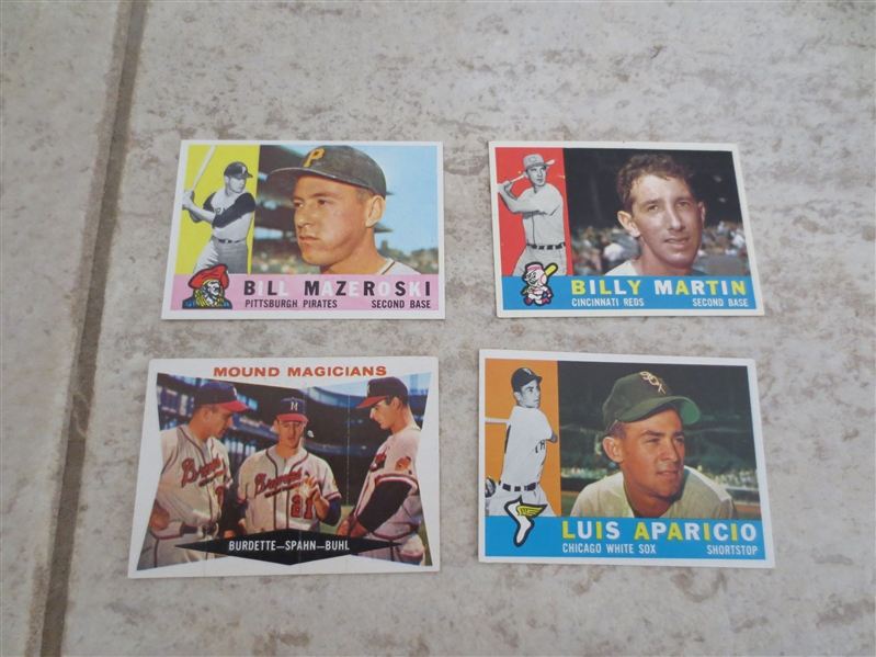 (4) 1960 Topps Hall of Famer baseball cards in great condition!  Mazeroski, Aparicio, Martin, Spahn (Mound Magicians)
