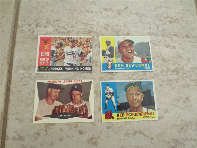 1960 Topps Don Newcombe, Red Schoendienst, AL Kings, and 1959 World Series baseball cards in great condition!